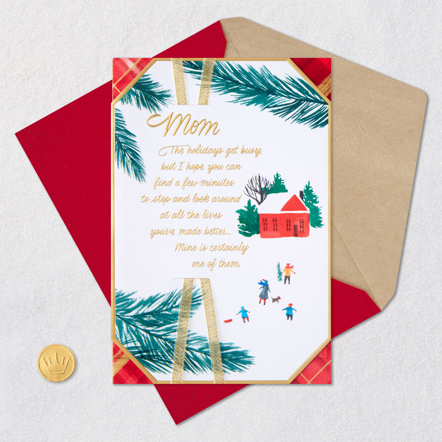Pine Branch Winter Scene Christmas Card for Mom Card Front with Envelope and Gold Seal image number 5
