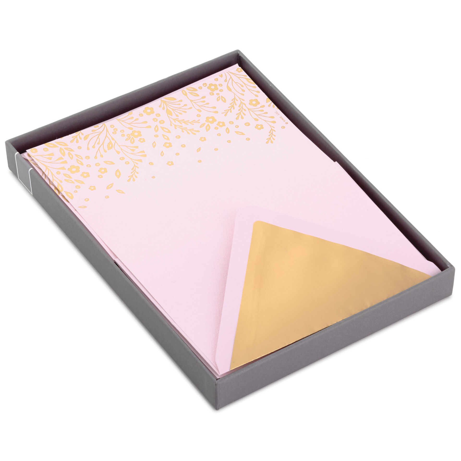 Gold Floral on Pink Stationery Set, Box of 20 Designed Stationery