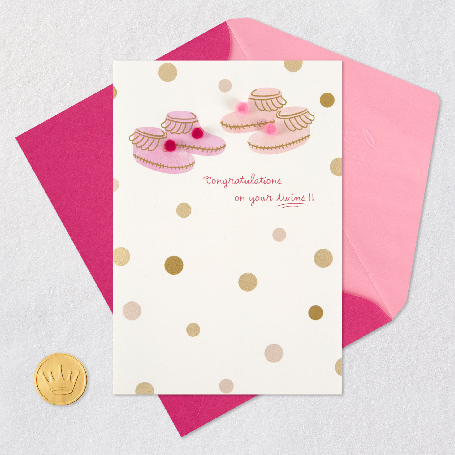 Pink Booties Twin Baby Girls Congratulations Card Card Front with Envelope and Gold Seal image number 5