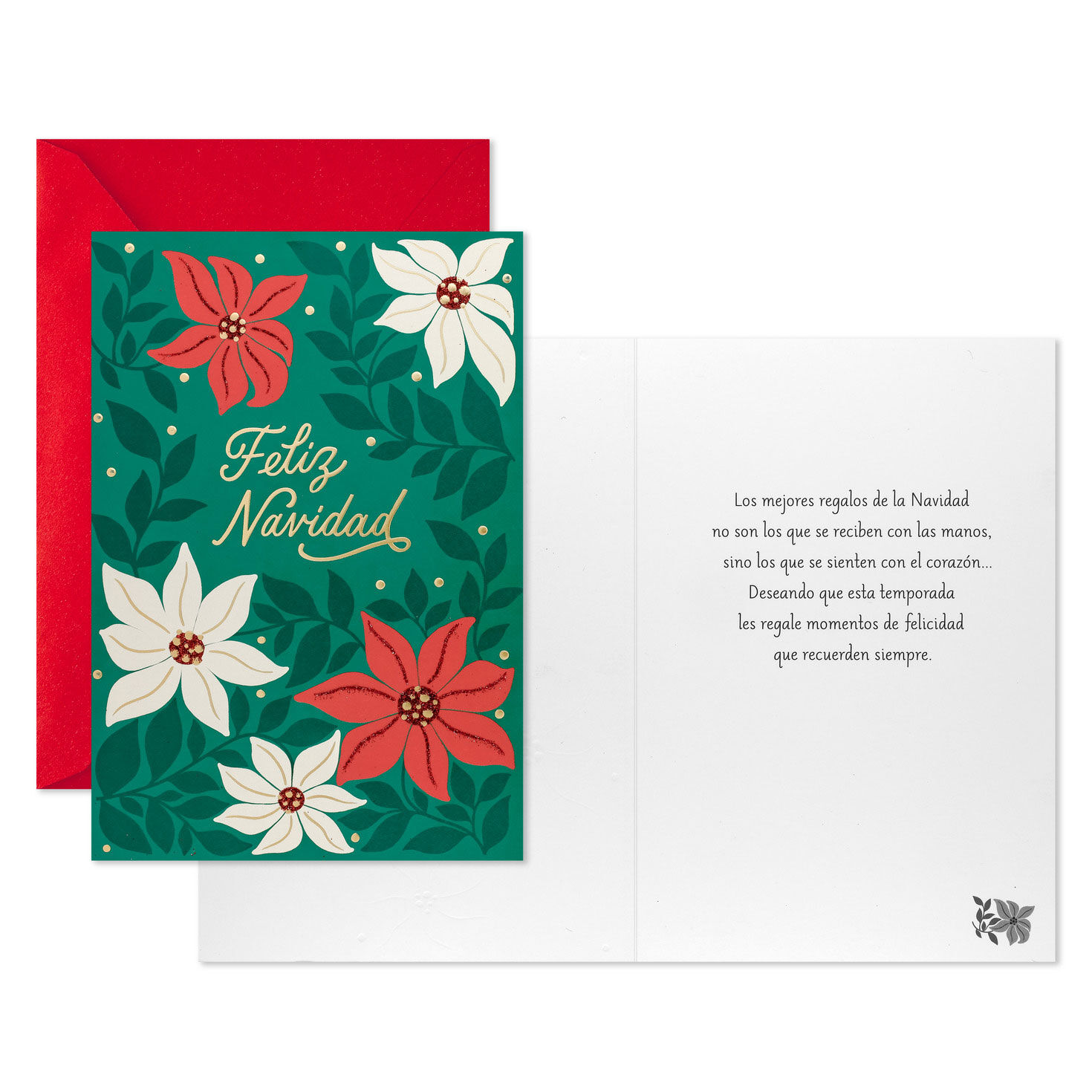 Poinsettias on Green Spanish Boxed Christmas Cards Card Front with Sentiment image number 3