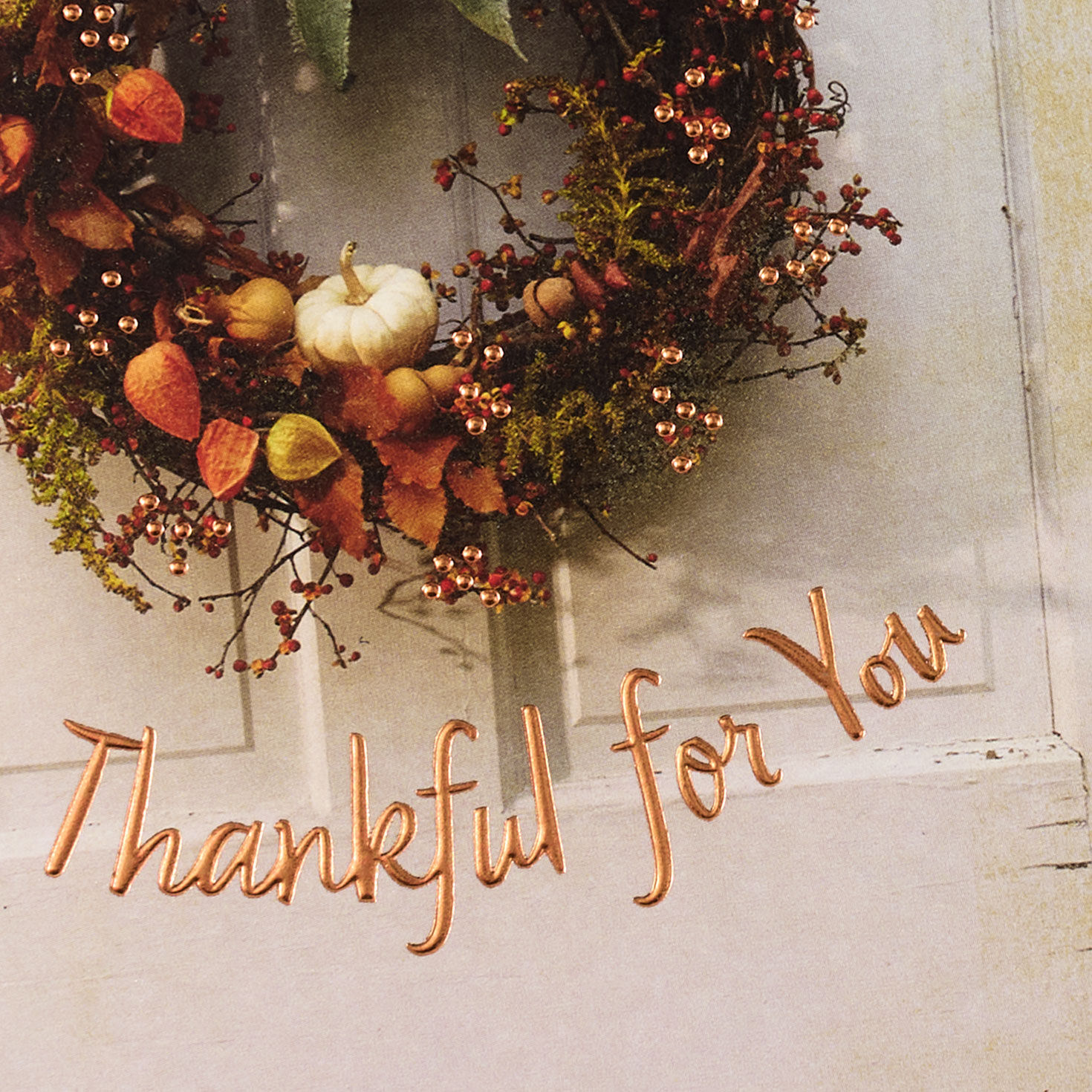 Fall Wreath on White Door Thanksgiving Card for Mom Card Front Detail image number 6