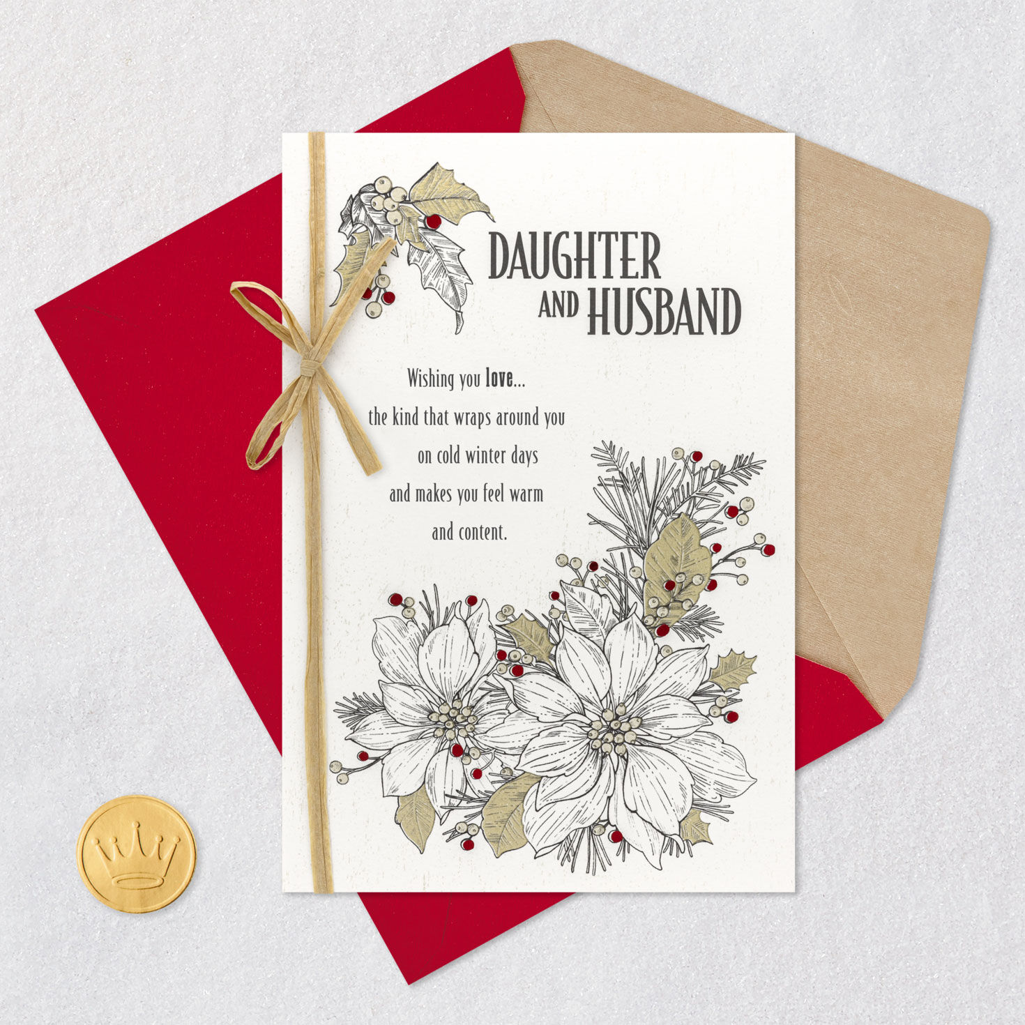 Poinsettias Daughter and Husband Christmas Card Card Front with Envelope and Gold Seal image number 7