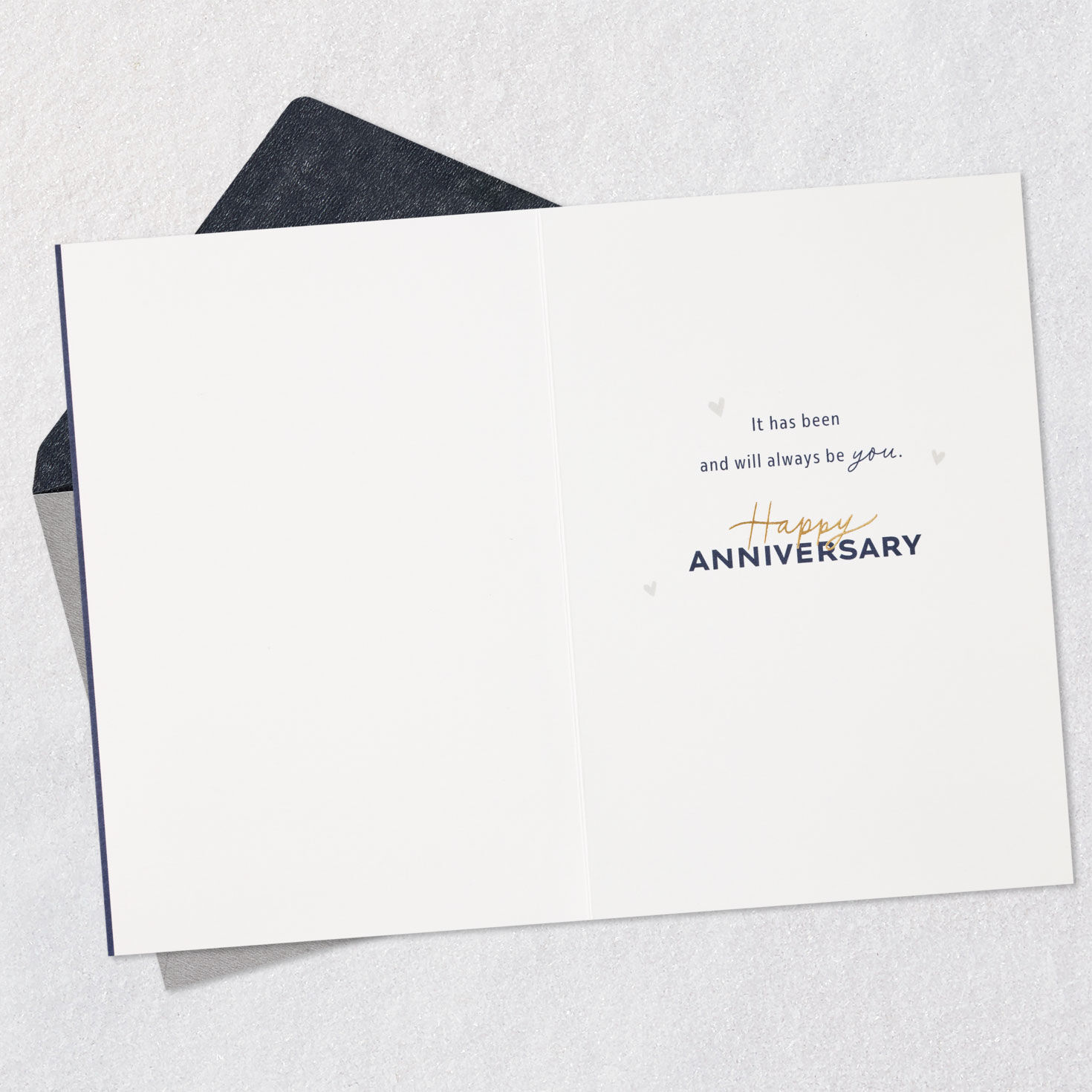 Navy Blue and Gold Script Anniversary Card Open card with envelope image number 3