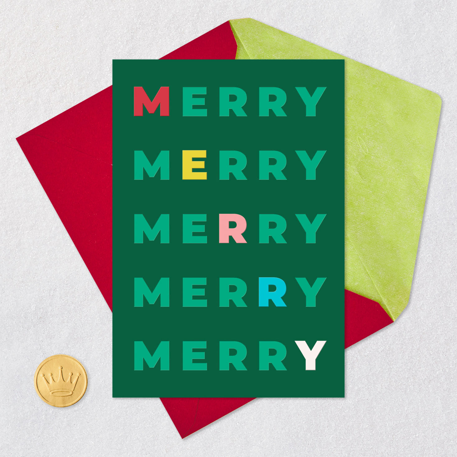 Rows of Merry on Green Christmas Card Card Front with Envelope and Gold Seal image number 5