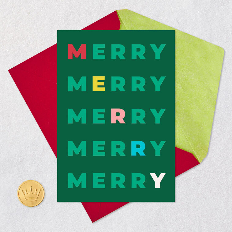 Rows of Merry on Green Christmas Card Card Front with Envelope and Gold Seal image number 5