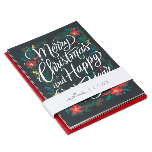 Poinsettias and Evergreen Boughs Packaged Christmas Cards, Set of 5, 