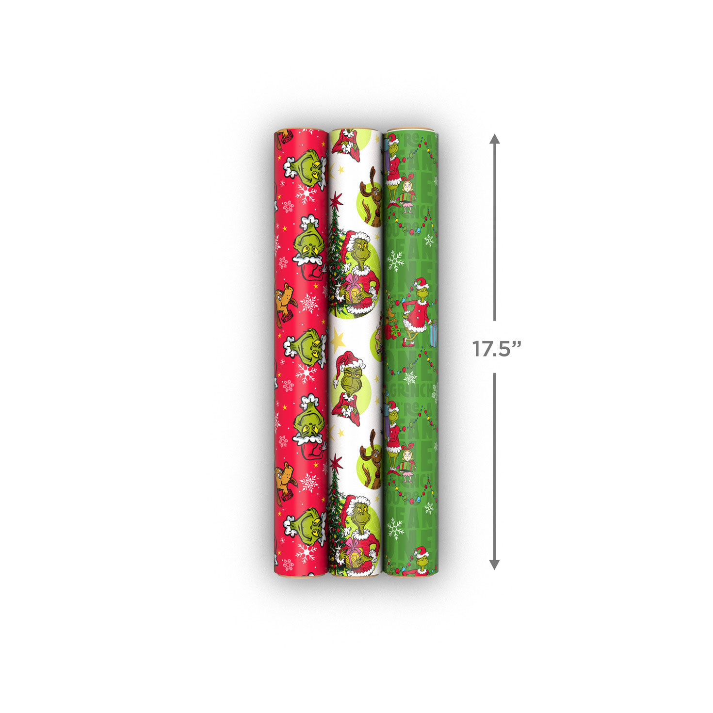 Green and Red Grinch 3-Pack Mini Xmas Gift Wrap Rolls Measurement image number 8