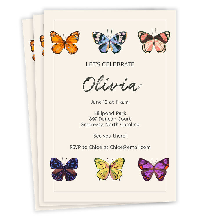 Colorful Butterflies Flat Birthday Invitation