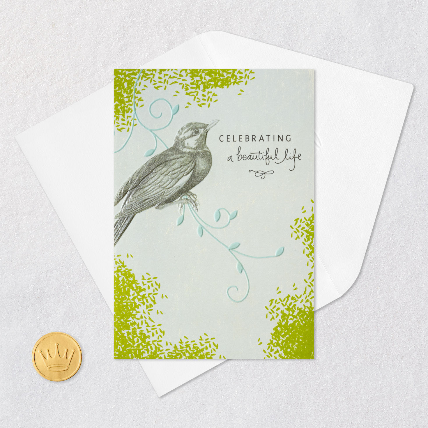 Gray Bird on Blue Branch Sympathy Card Card Front with Envelope and Gold Seal image number 5