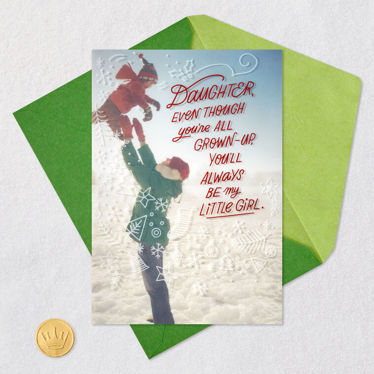 Parent and Child Playing in Snow Daughter Christmas Card Card Front with Envelope and Gold Seal image number 7