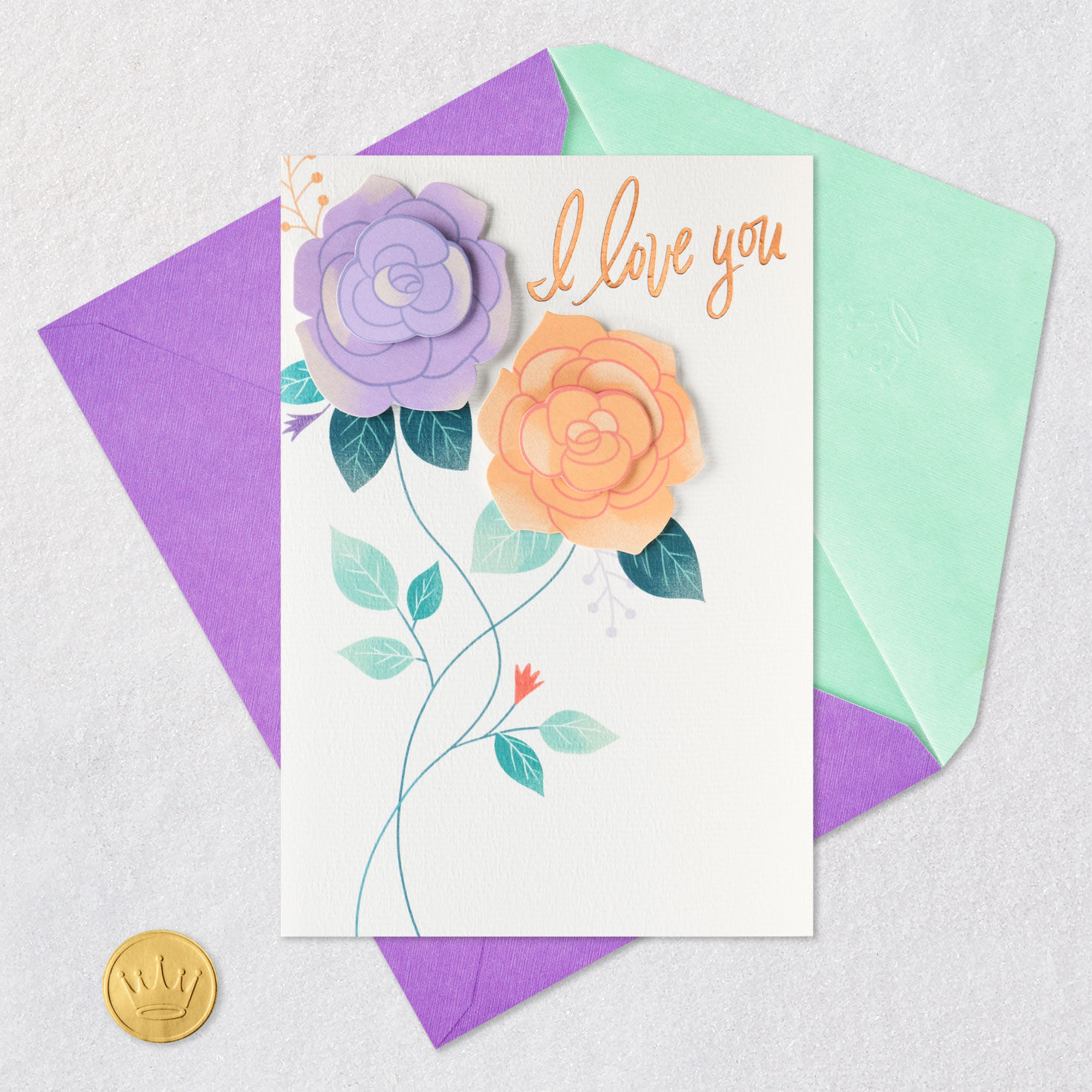 Purple and Orange Flowers Romantic Birthday Card for Her Card Front with Envelope and Gold Seal image number 6