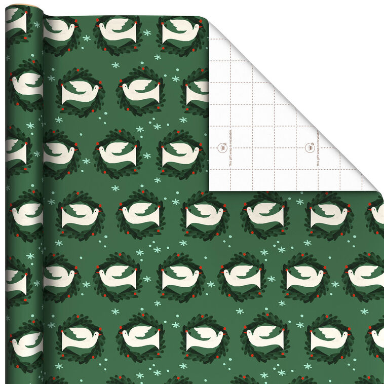 Dove and Wreath Pattern on Green Christmas Wrapping Paper Roll, 22.5 sq. ft.