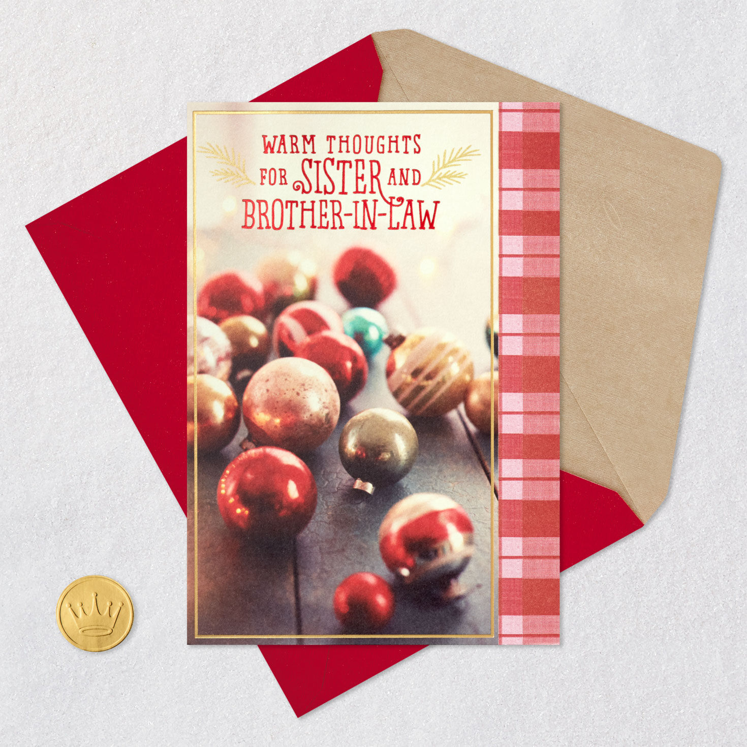 Red Ornaments Christmas Card for Sister and Brother-in-Law Card Front with Envelope and Gold Seal image number 6