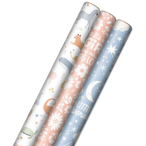 Baby Wrapping Paper Roll, Baby Girls Boy Unisex, Pink Blue or Pink & Blue,  Christening Baptism Gift Wrap for Kids, Toy Present Wrap 