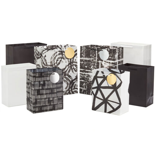 Black and White 8-Pack Gift Bags, Assorted Sizes and Designs, 