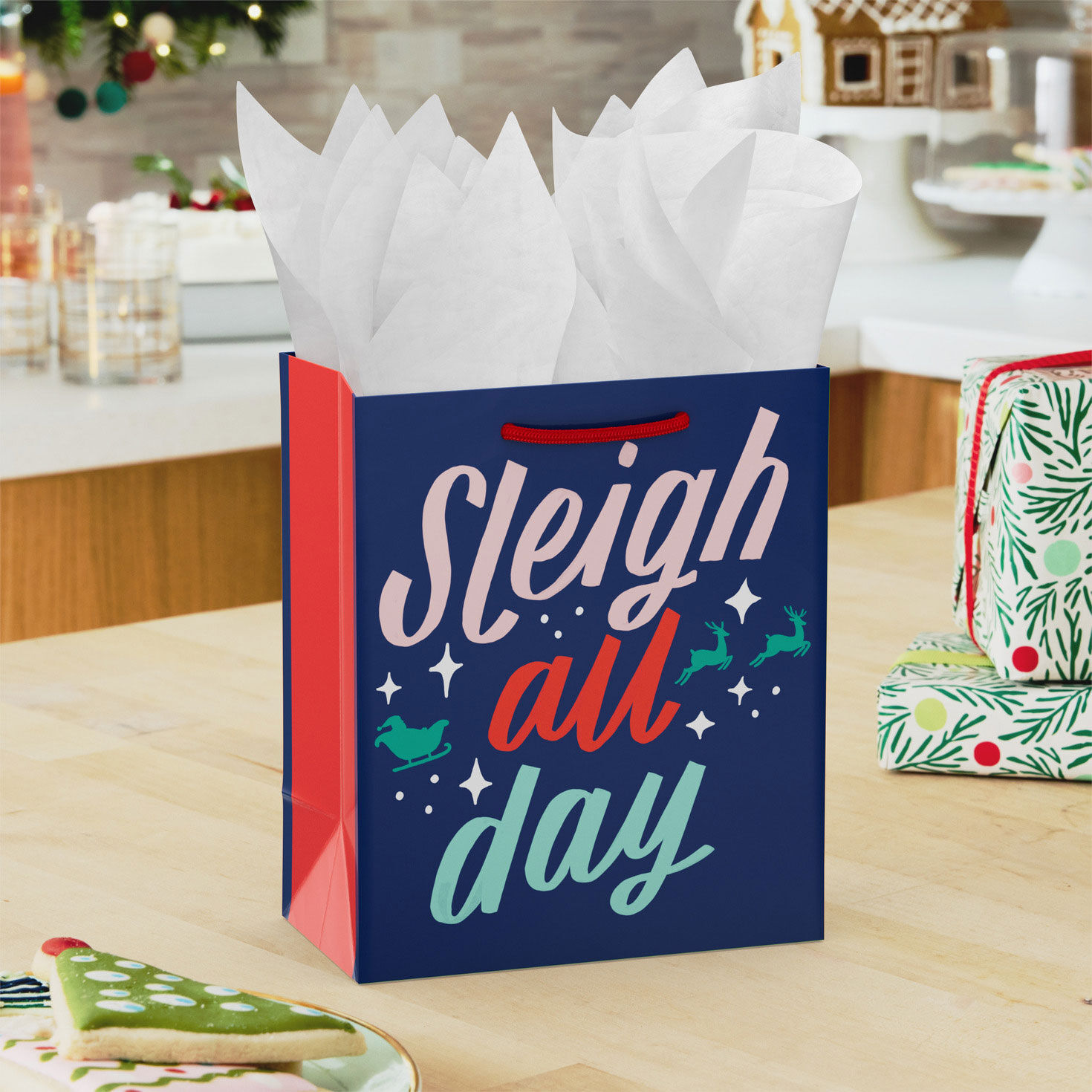 Navy, Pink and Mint Green Small Holiday Gift Bag in use image number 2