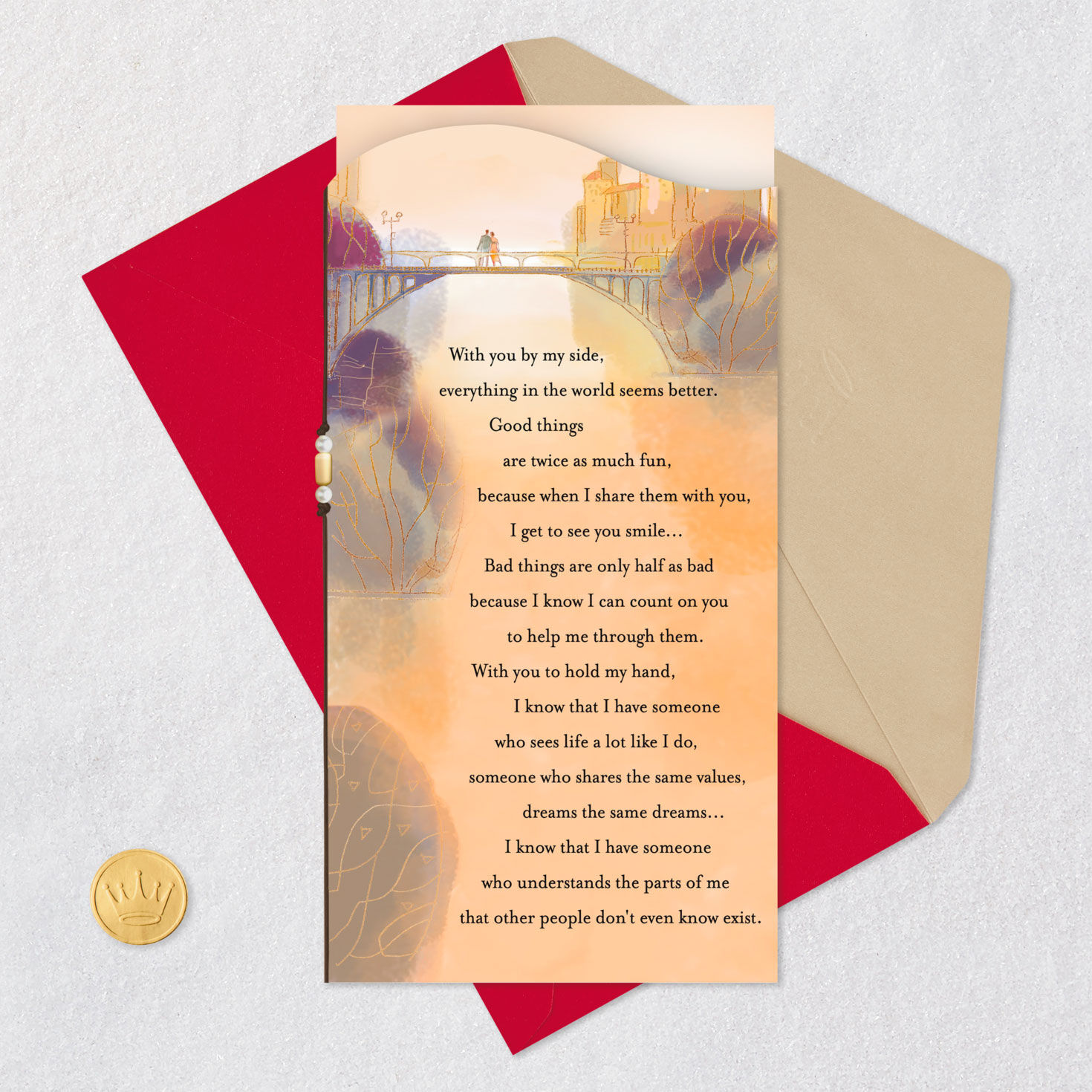 Couple on City Bridge Romantic Sweetest Day Card Card Front with Envelope and Gold Seal image number 5