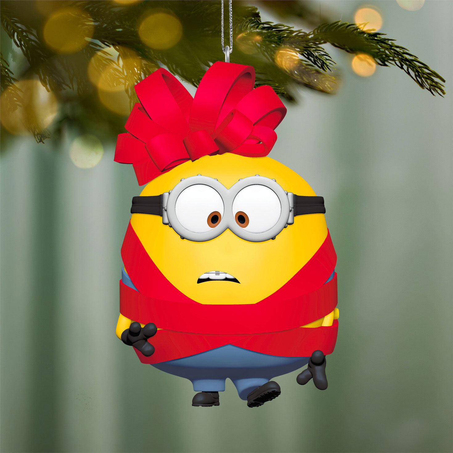 Otto Minion in Red Ribbon Keepsake Ornament hanging on tree image number 2