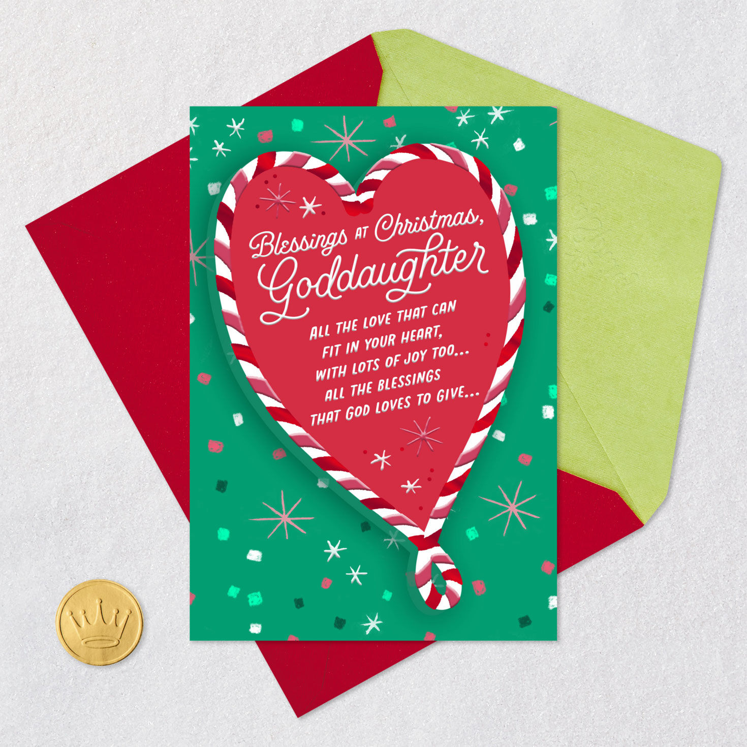 Red and Green Heart Goddaughter Christmas Card Card Front with Envelope and Gold Seal image number 6