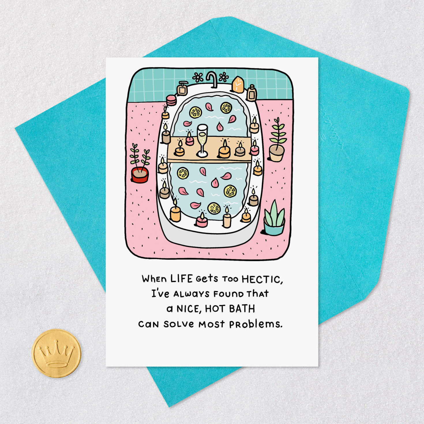 Relaxing Bath Life Hack Funny Encouragement Card Card Front with Envelope and Gold Seal image number 5