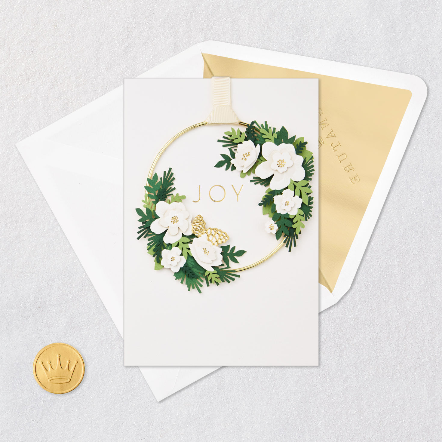 White Floral Wreath Christmas Card Card Front with Envelope and Gold Seal image number 6