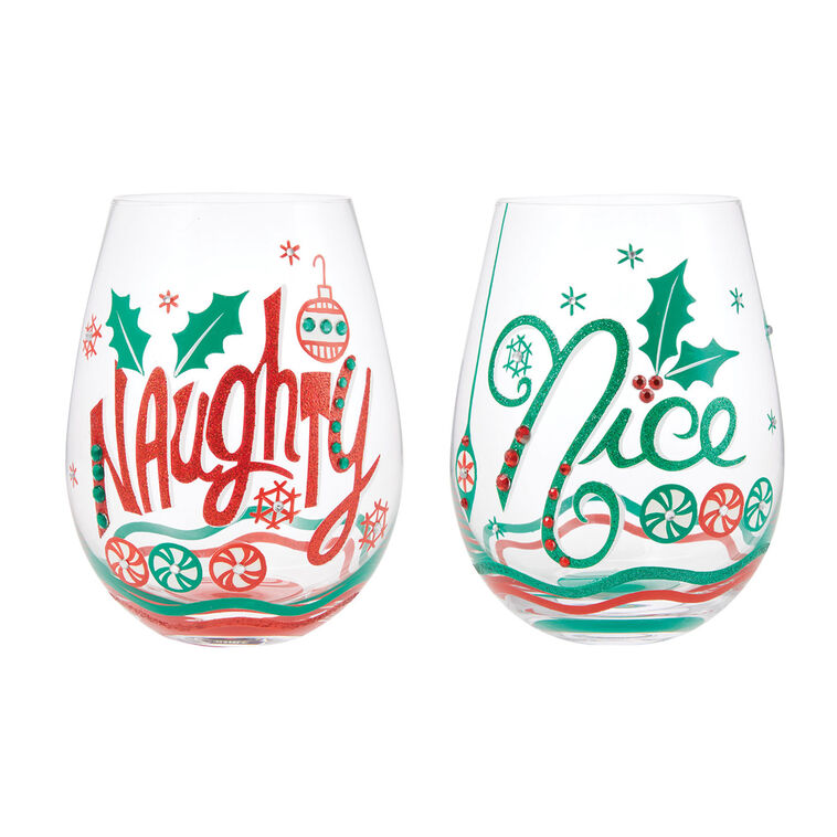 Lolita Naughty and Nice Handpainted Stemless Wine Glass, 20 oz.