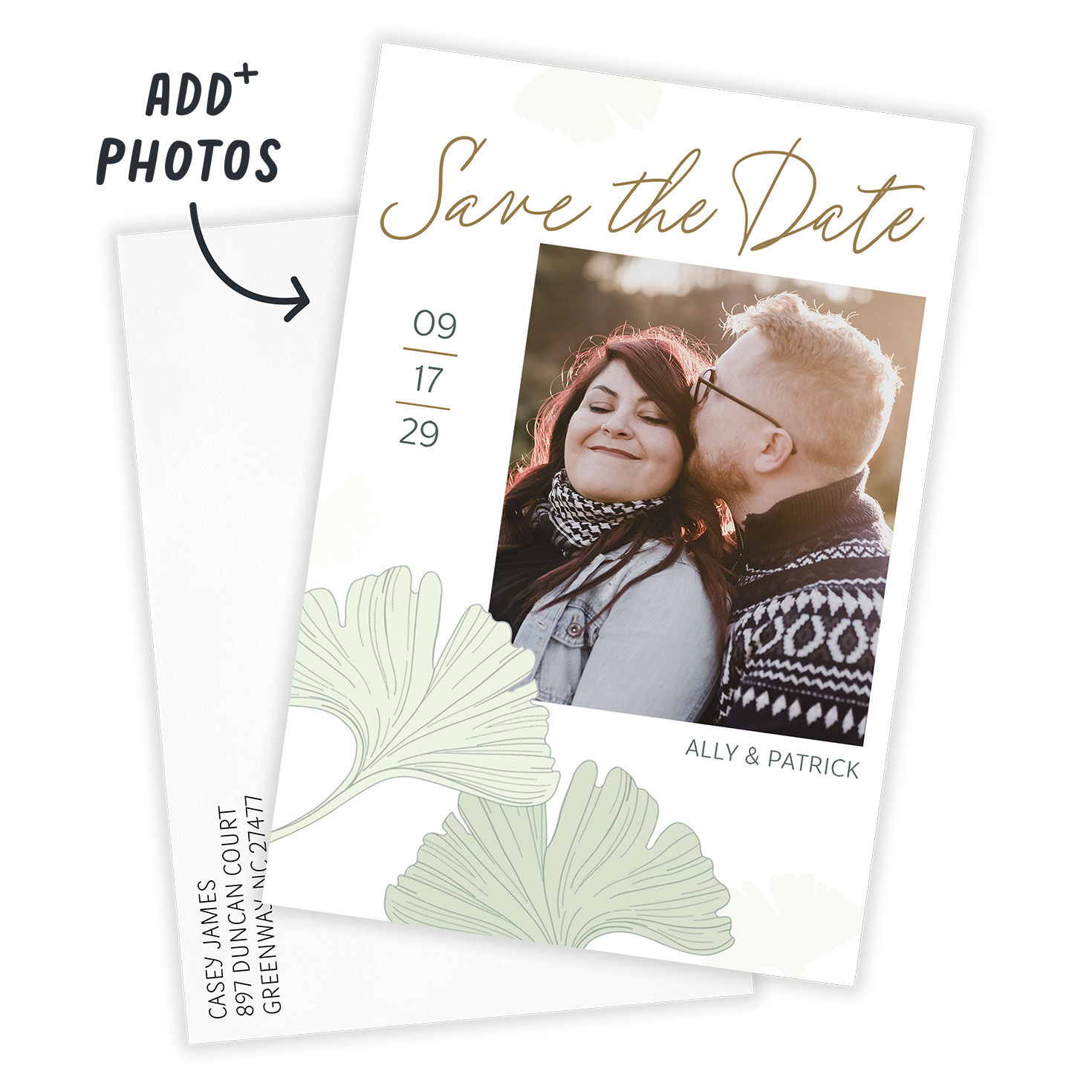 Ginkgo Leaves Photo Personalized Save the Date Card Card front with Envelope indicating personalization image number 2