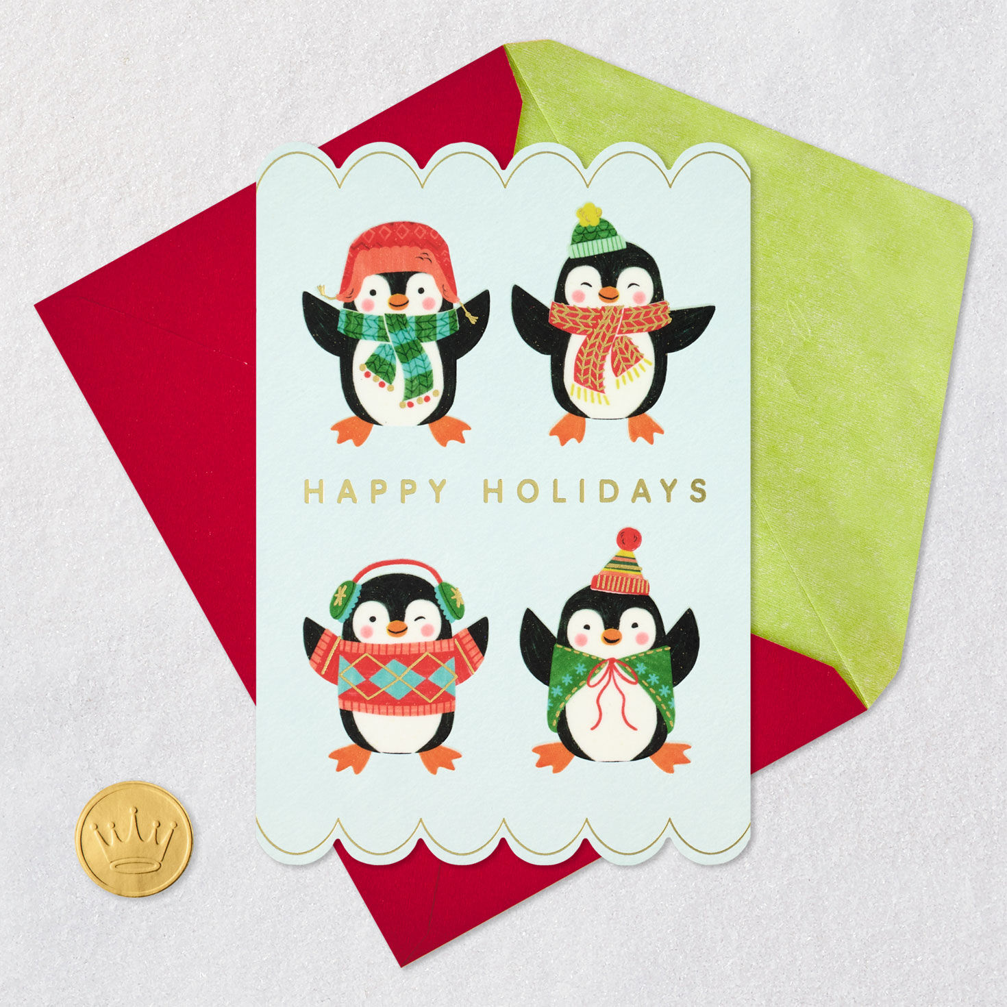 Penguins in Scarves Christmas Cards Card Front with Envelope and Gold Seal image number 6