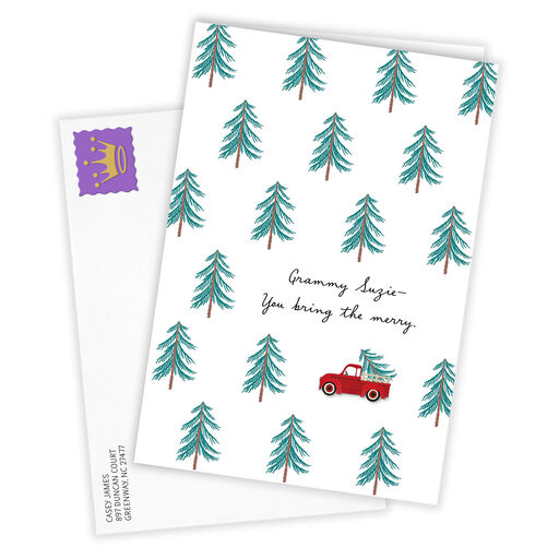 Personalized Red Truck With Trees Christmas Card, 