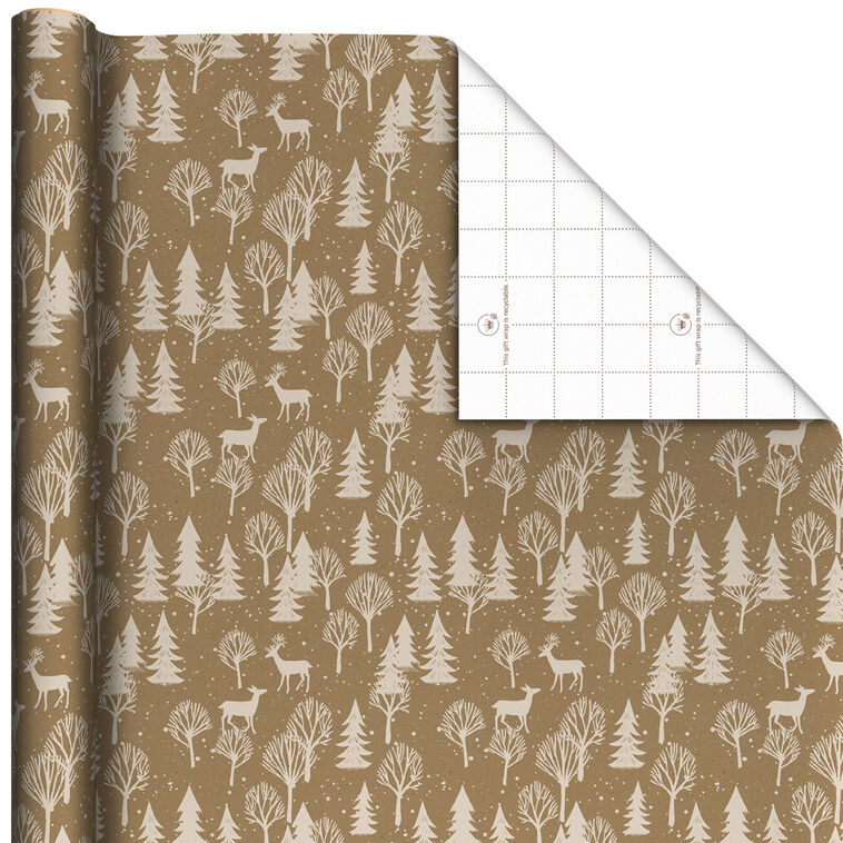 Deer and Tree Silhouettes on Brown Jumbo Christmas Wrapping Paper Roll, 90 sq. ft.