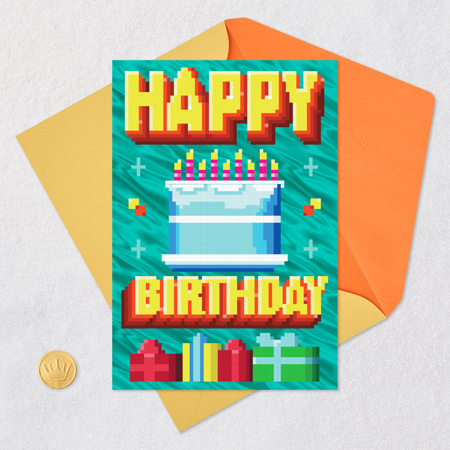 Retro Cake Video Game Kids Birthday Card With Music Card Front with Envelope and Gold Seal image number 5