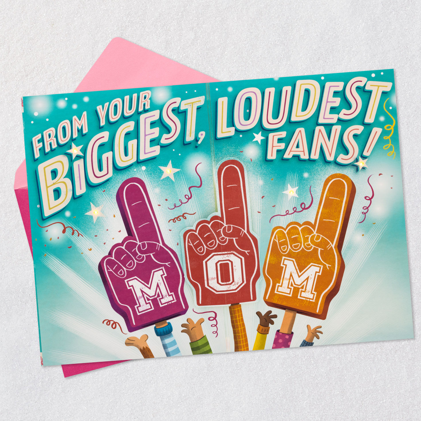 Foam Fingers Mom Pop-Up Mother's Day Card With Sound and Light Open card with envelope image number 2