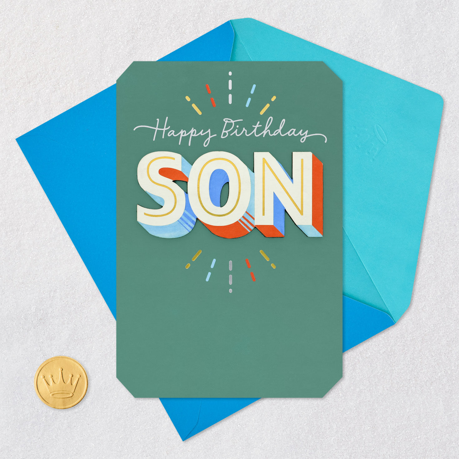 Sage Green, Orange, and Blue Son Birthday Card Card Front with Envelope and Gold Seal image number 6