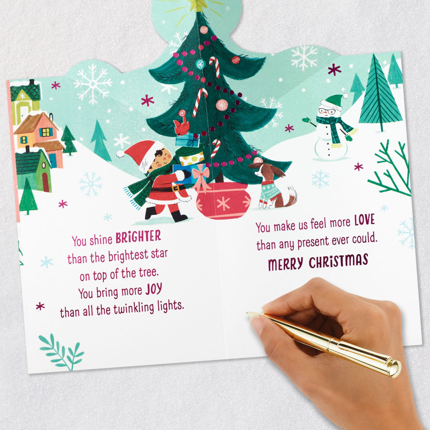 Girl and Snowman Christmas Card for Granddaughter Signing card image number 8
