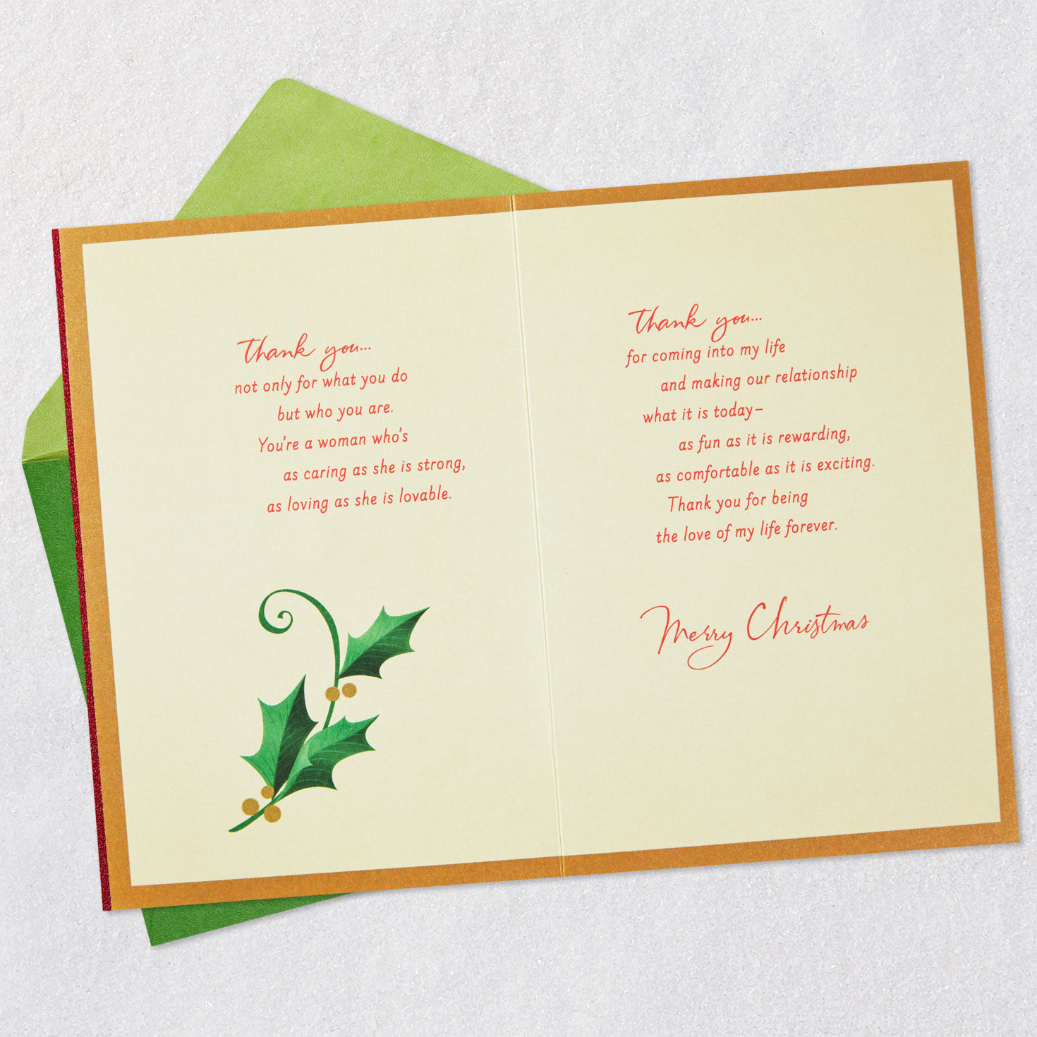 Gold Poinsettia Romantic Christmas Card for Her Open card with envelope image number 4