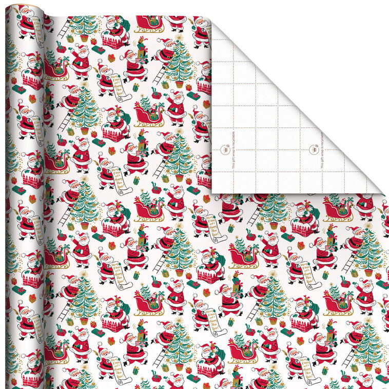 Vintage Santa Scenes on White Jumbo Christmas Wrapping Paper Roll, 90 sq. ft.