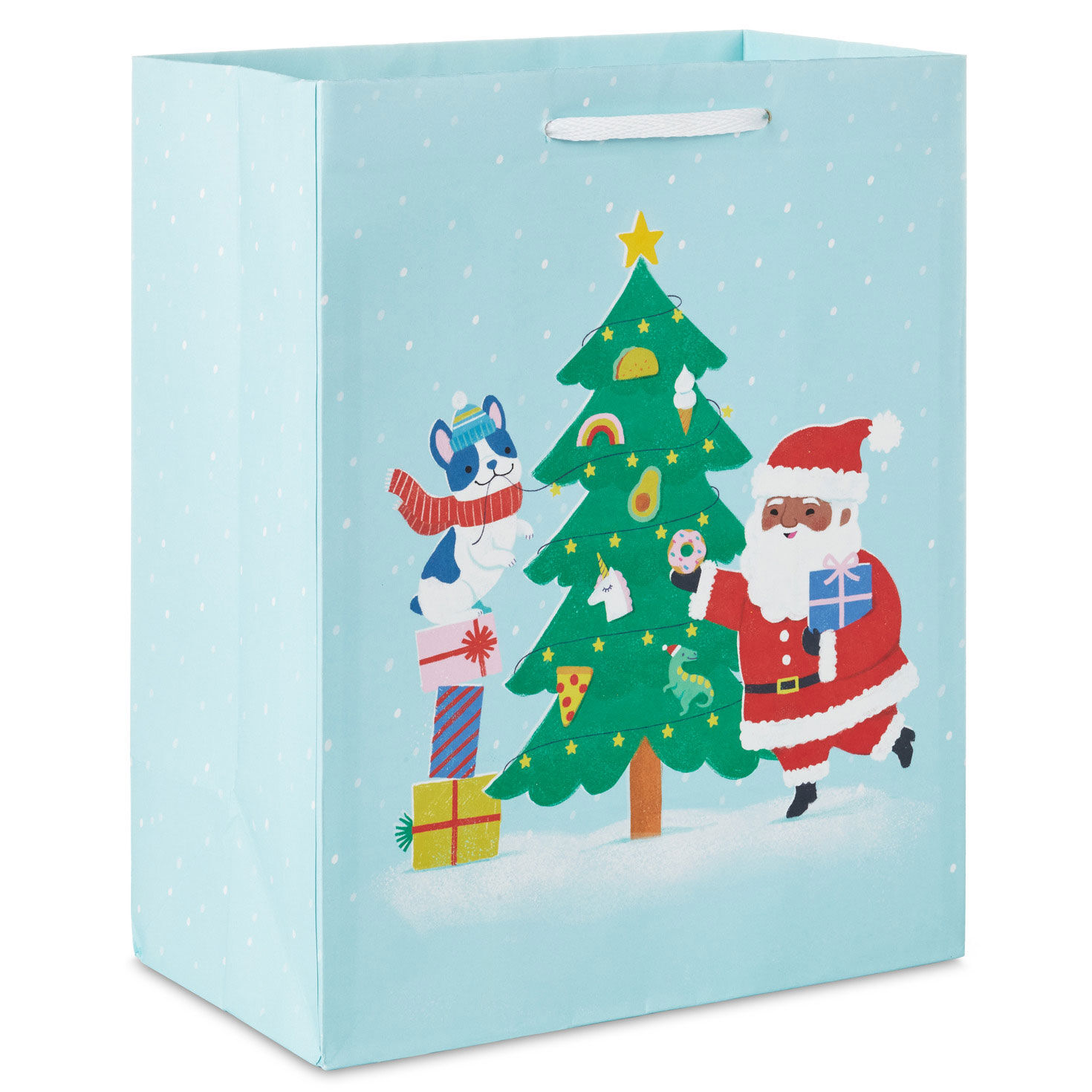 9.6" Santa and Dog Decorating a Tree Medium Christmas Gift Bag