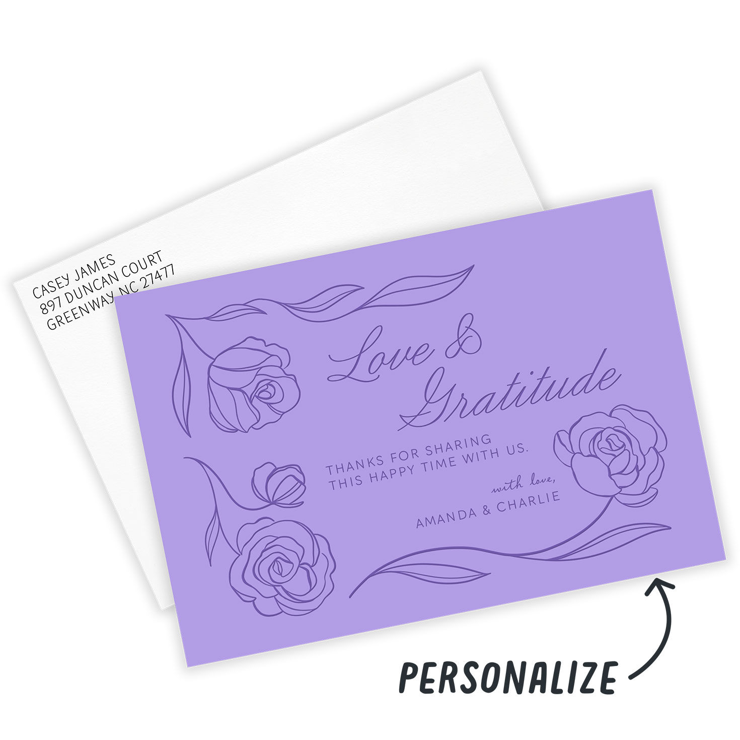 Purple Rose Stems Personalized Wedding Thank You Card front with Envelope indicating personalization image number 2