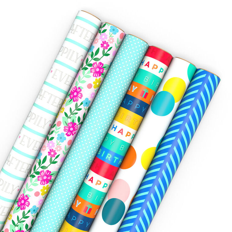 Happy Occasions 6-Pack Assorted Wrapping Paper Roll Bundle, 180 sq. ft. total