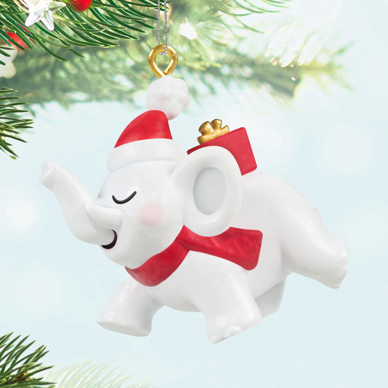 White Elephant in Santa Hat Keepsake Ornament Hanging on tree image number 2