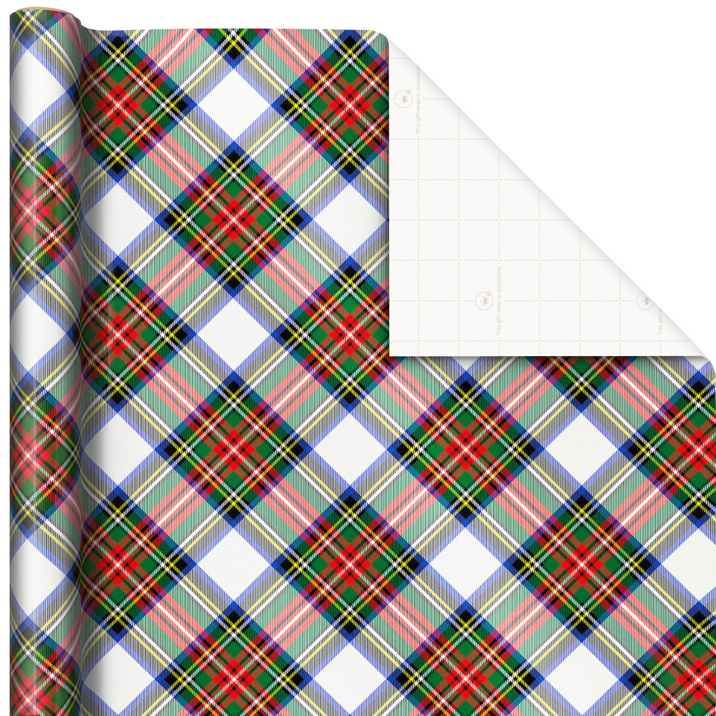 Multicolor Plaid on White Christmas Wrapping Paper, 90 sq. ft.