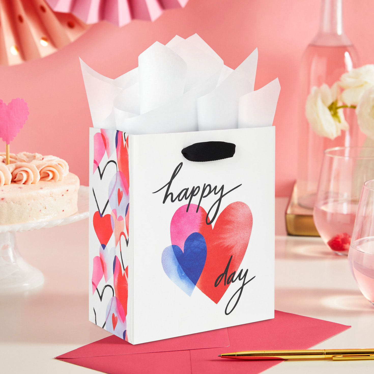 6.5" Watercolor Hearts on White Small Valentine's Day Gift Bag, , large image number 2