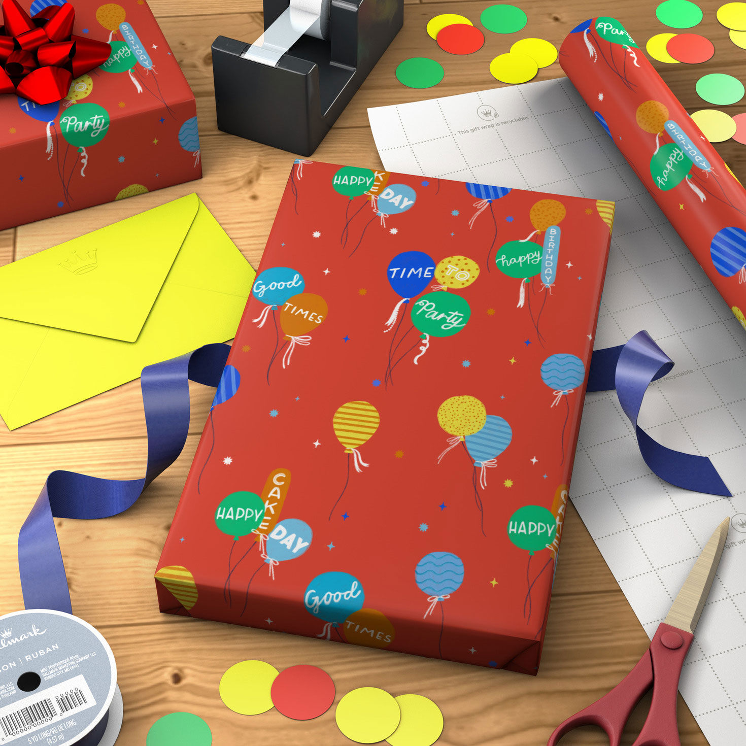 Wishes on Birthday Balloons Red Wrapping Paper Wrapped pkg image number 3