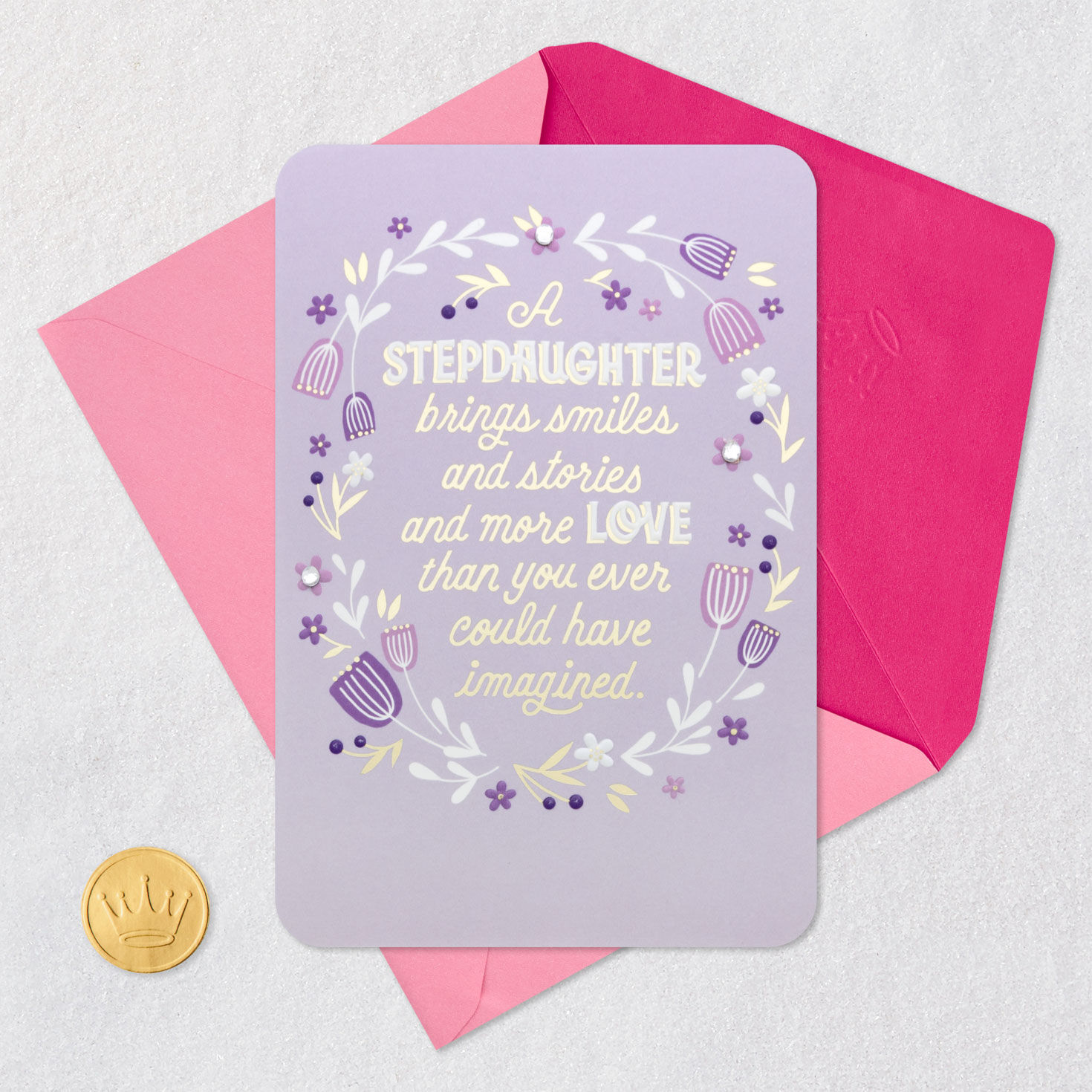 Lavender Floral Wreath Stepdaughter Birthday Card Card Front with Envelope and Gold Seal image number 5
