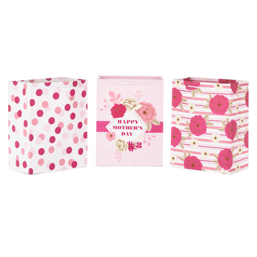 11.5" Assorted Pink and Pretty 3-Pack Large Mother's Day Gift Bags, 