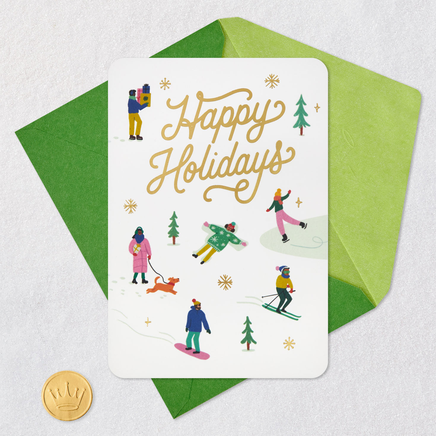 People in Winter Activities Happy Holidays Card Card Front with Envelope and Gold Seal image number 5