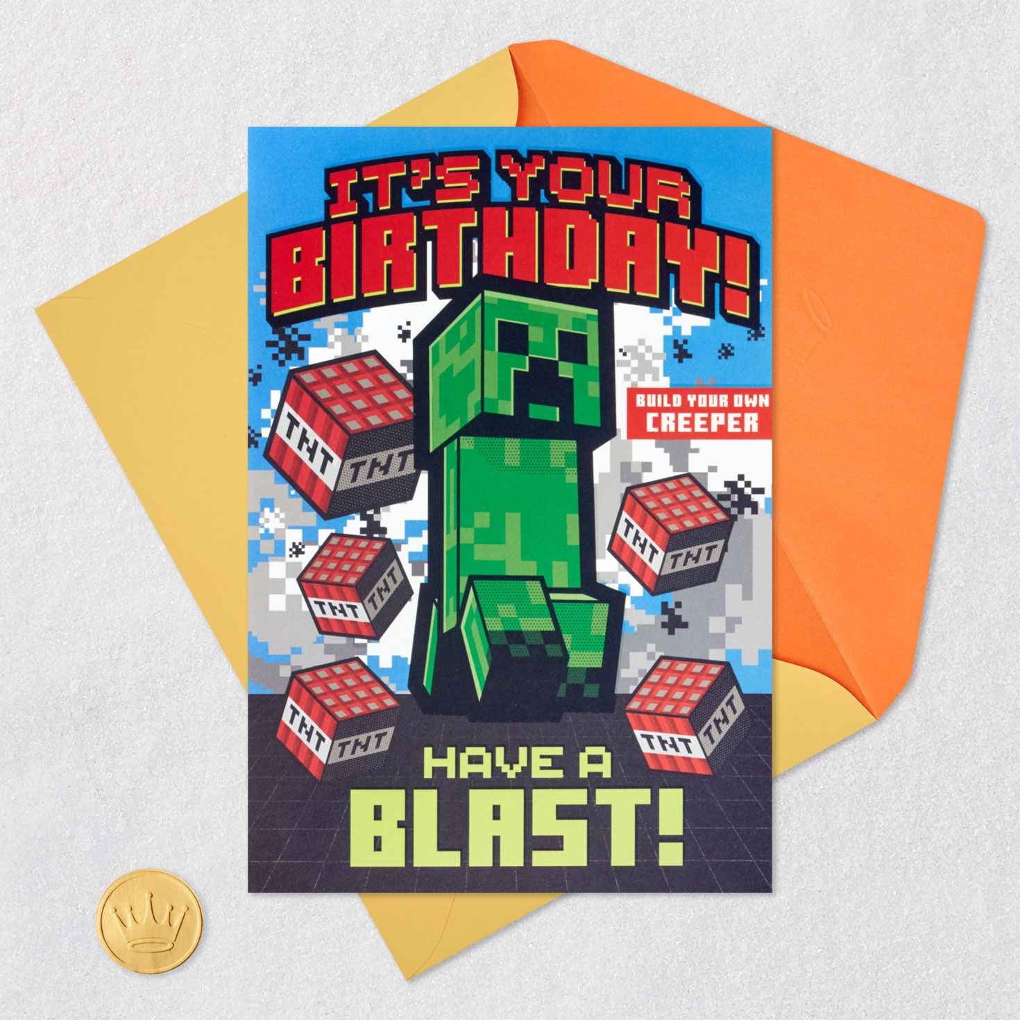 Minecraft Birthday Card for Kids With 3D Creeper Card Front with Envelope and Gold Seal image number 8