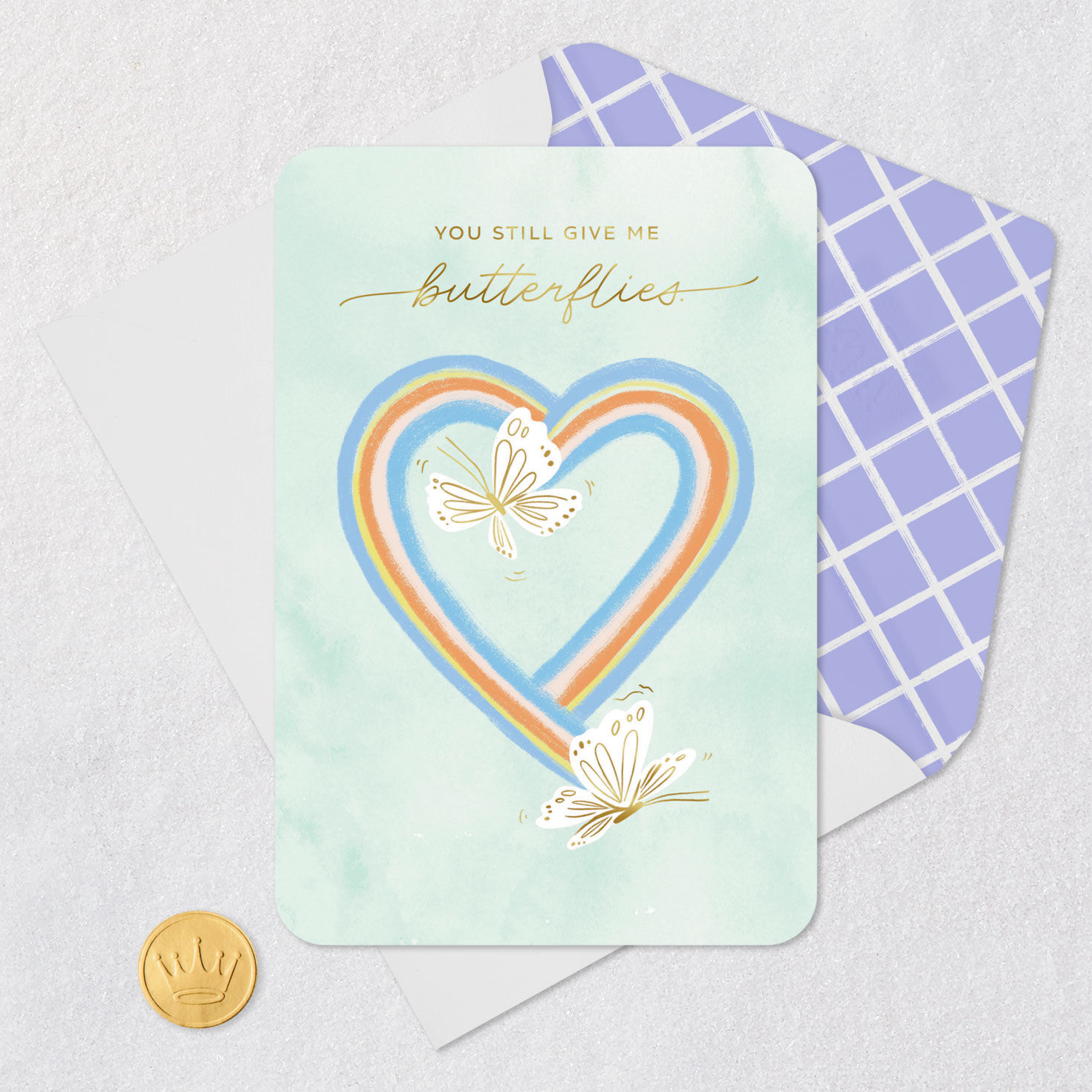 Butterflies and Rainbow Heart Romantic Love Card Card Front with Envelope and Gold Seal image number 5