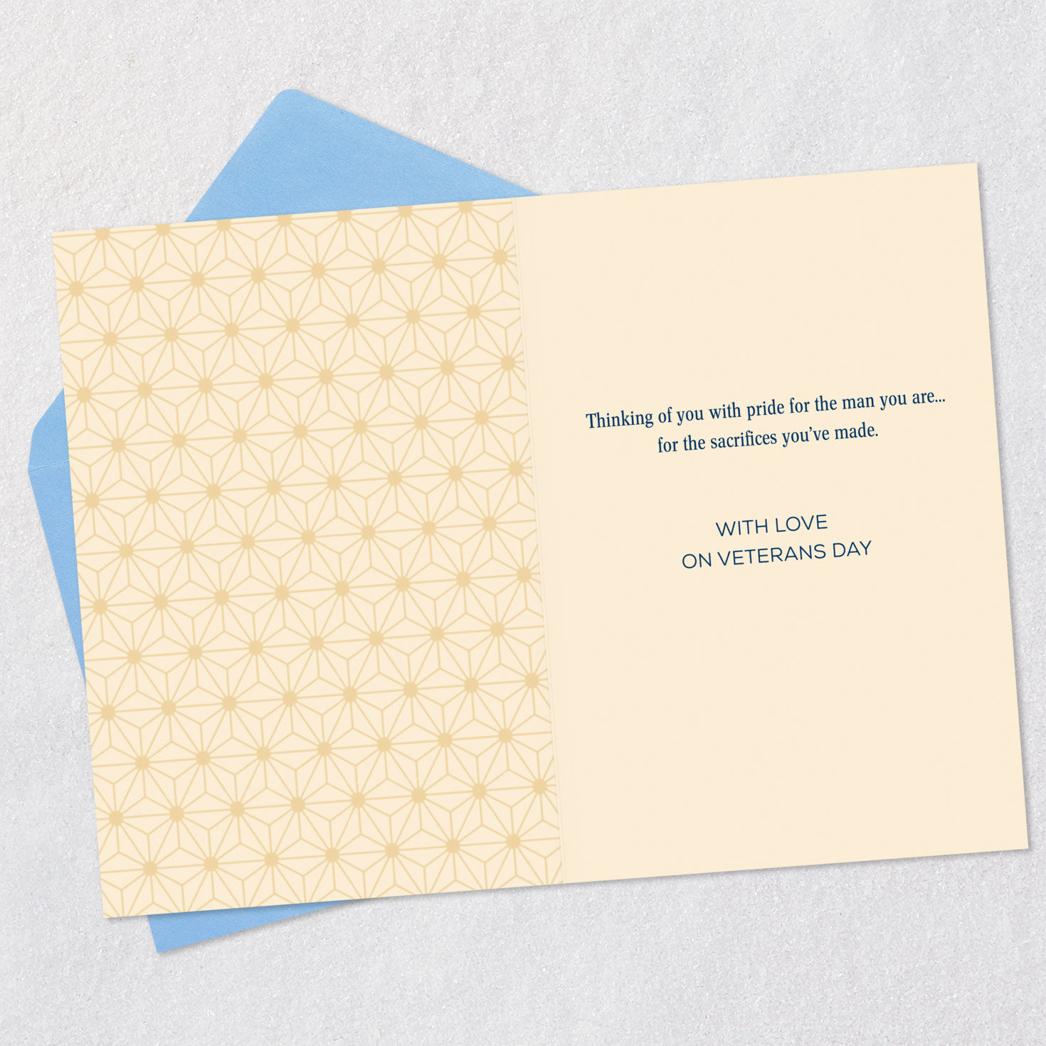 Gold and Navy Veterans Day Card for Son Open card with envelope image number 3