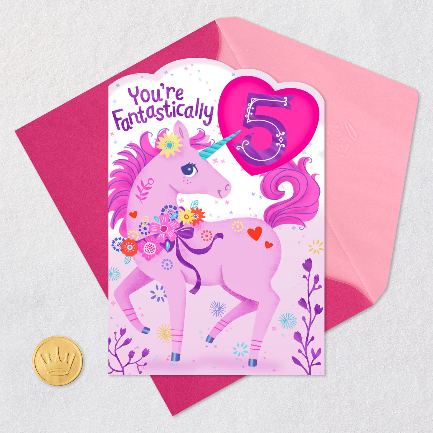 Perfectly Enchanted Pink Unicorn 5th Birthday Card Card Front with Envelope and Gold Seal image number 5